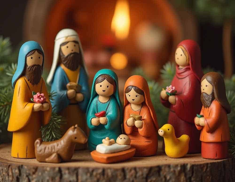 Bunte Krippenfiguren aus Holz für die Weihnachtskrippe