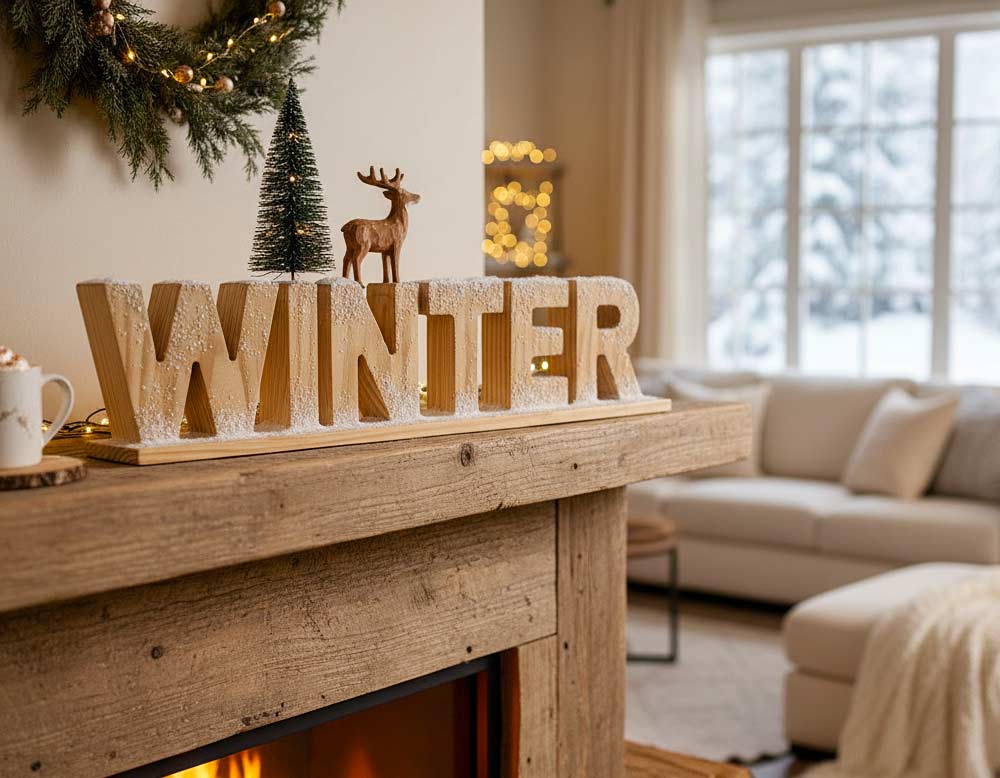 Schriftzug aus Holz mit Winter